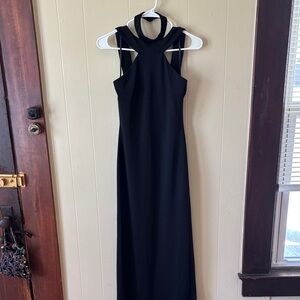 bebe Black Twist Halter Maxi Dress. Ankle length with side slit Size 2 Fitted